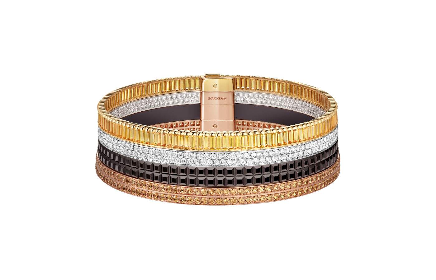  Quatre 20th Anniversary cuff in gold, pink gold, white gold, enamel, garnet and diamond by Boucheron 