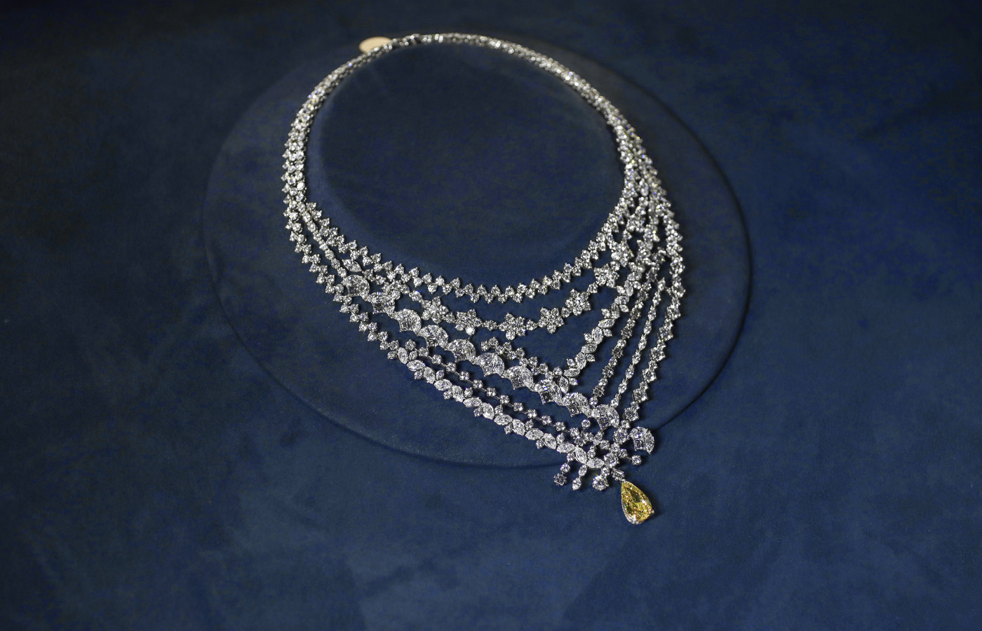 Dior Delicat high jewellery necklace in gold, white gold and diamond, featuring a 4.51-ct yellow pear-shaped diamond by Dior Joaillerie