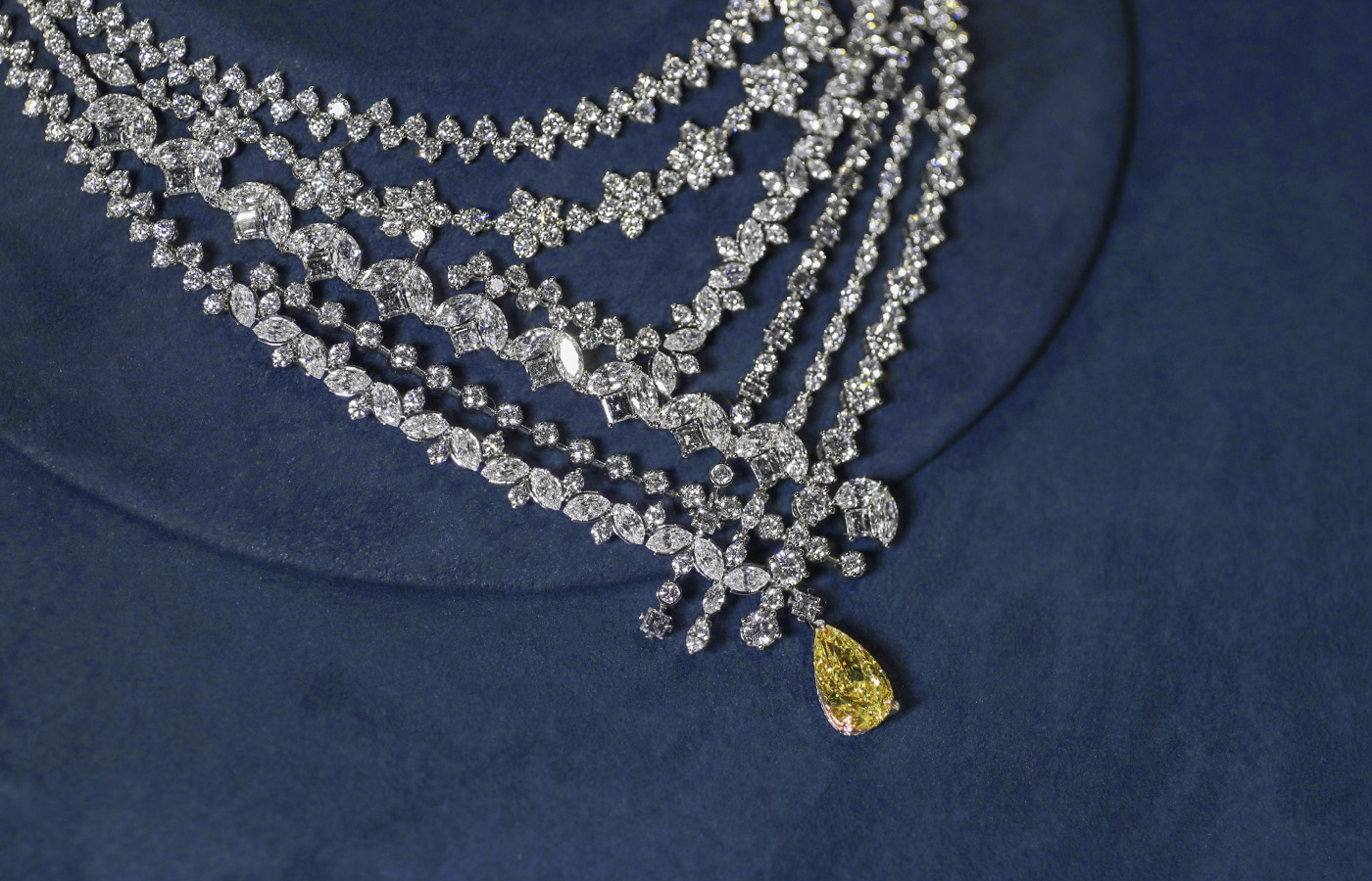  Dior Delicat high jewellery necklace in gold, white gold and diamond, featuring a 4.51-ct yellow pear-shaped diamond by Dior Joaillerie