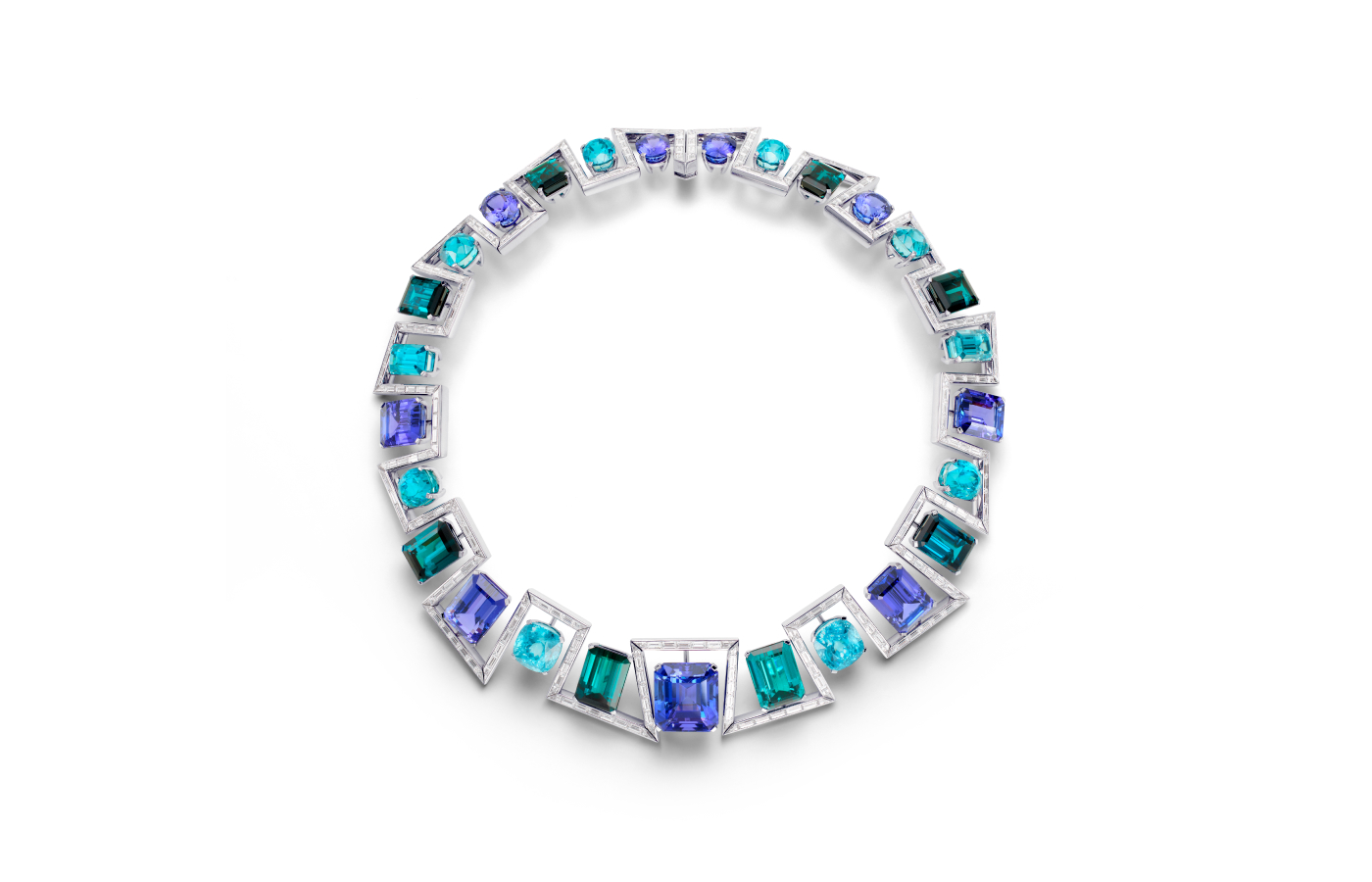 Bucherer Fine Jewellery necklace from the Manhattan High Jewellery collection with eight octagon-shaped indigolites, ten bright blue zircons, nine violet-blue tanzanites, and 300 baguette-cut diamonds in 18k white gold 