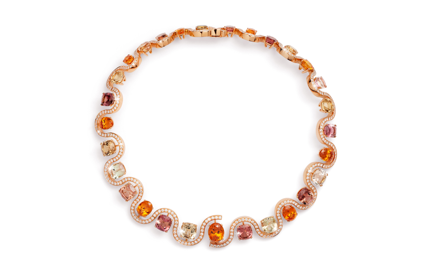 Bucherer Fine Jewellery necklace from the Manhattan High Jewellery collection with oval-shaped orange garnets, 20 colour-coordinated tourmalines and 340 brilliant-cut diamonds set in 18k rose gold