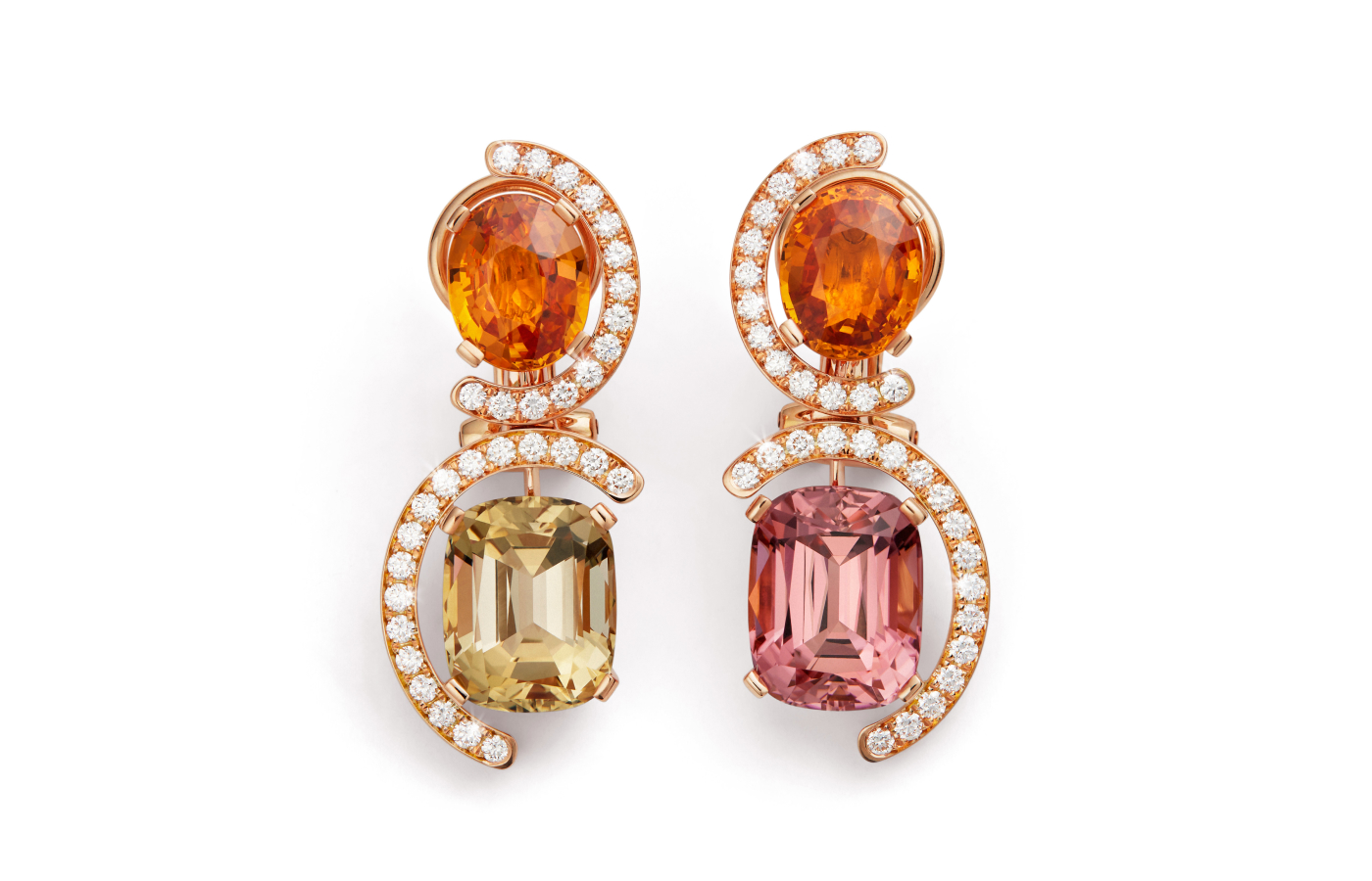  Bucherer Fine Jewellery earrings from the Manhattan High Jewellery collection with mandarin garnets and two tourmalines, one in a brownish-yellow hue and the other in orangey-pink, surrounded by 62 brilliant-cut diamonds in 18k rose gold 