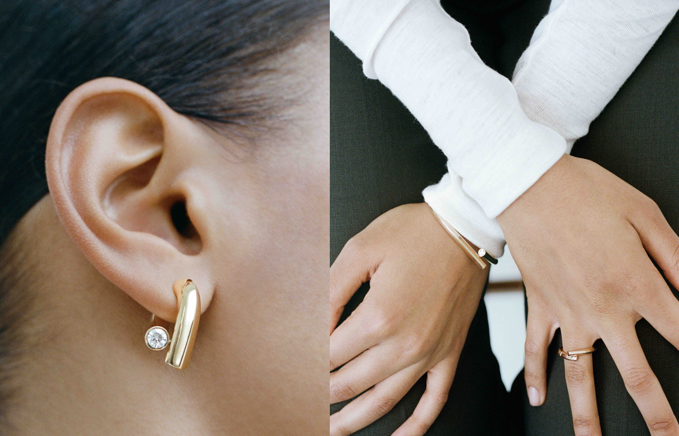 Model wearing Tabayer earring, bracelet and ring in gold and diamond from the Oera collection
