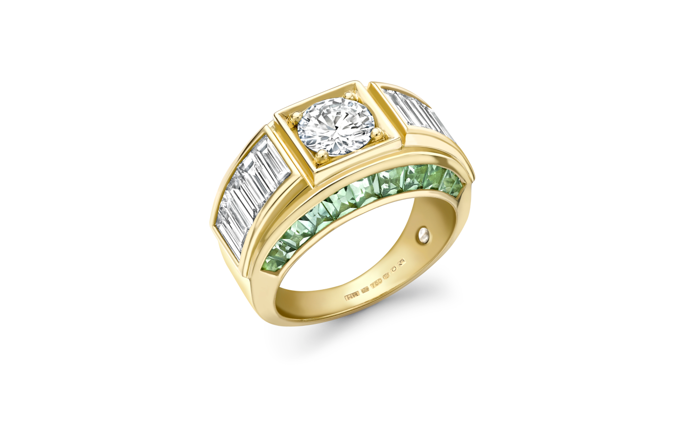  Hattie Rickards Colleen bespoke engagement ring in gold, green sapphire and diamond 