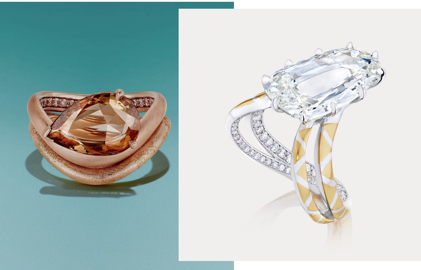  DYNE Cinnamon ring in peach gold, light brown and champagne diamonds, alongside a gold, platinum and diamond ring
