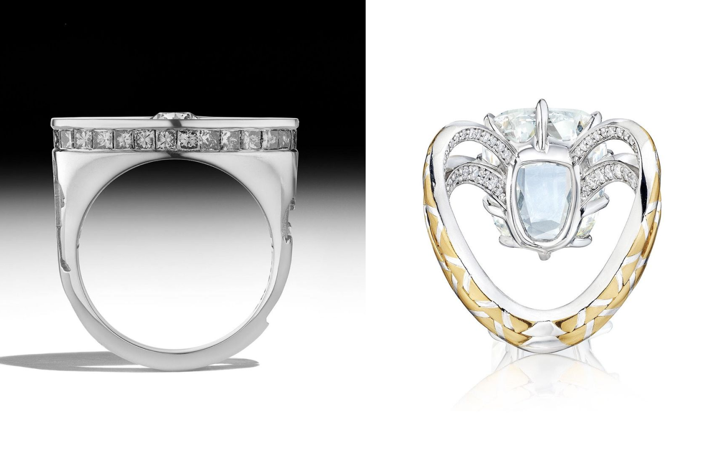  DYNE Loverglyphs ring in white gold and diamond, alongside a gold, platinum and diamond ring