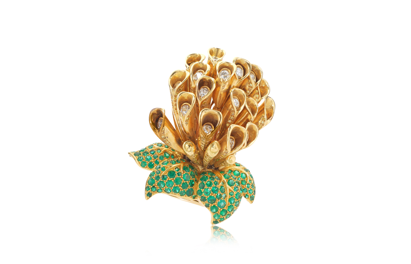  René Boivin gold, emerald, diamond and coloured diamond brooch, circa 1990 (estimate CHF 12,000-18,000), part of the Sotheby’s ‘Iconic Jewels: Her Sense of Style’ auction in May 2024