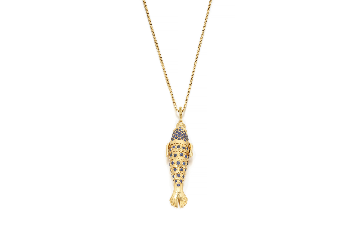  René Boivin sapphire and gold pendant brooch and chain, circa 1970 (estimate CHF 30,000-50,000), part of the Sotheby’s ‘Iconic Jewels: Her Sense of Style’ auction in May 2024
