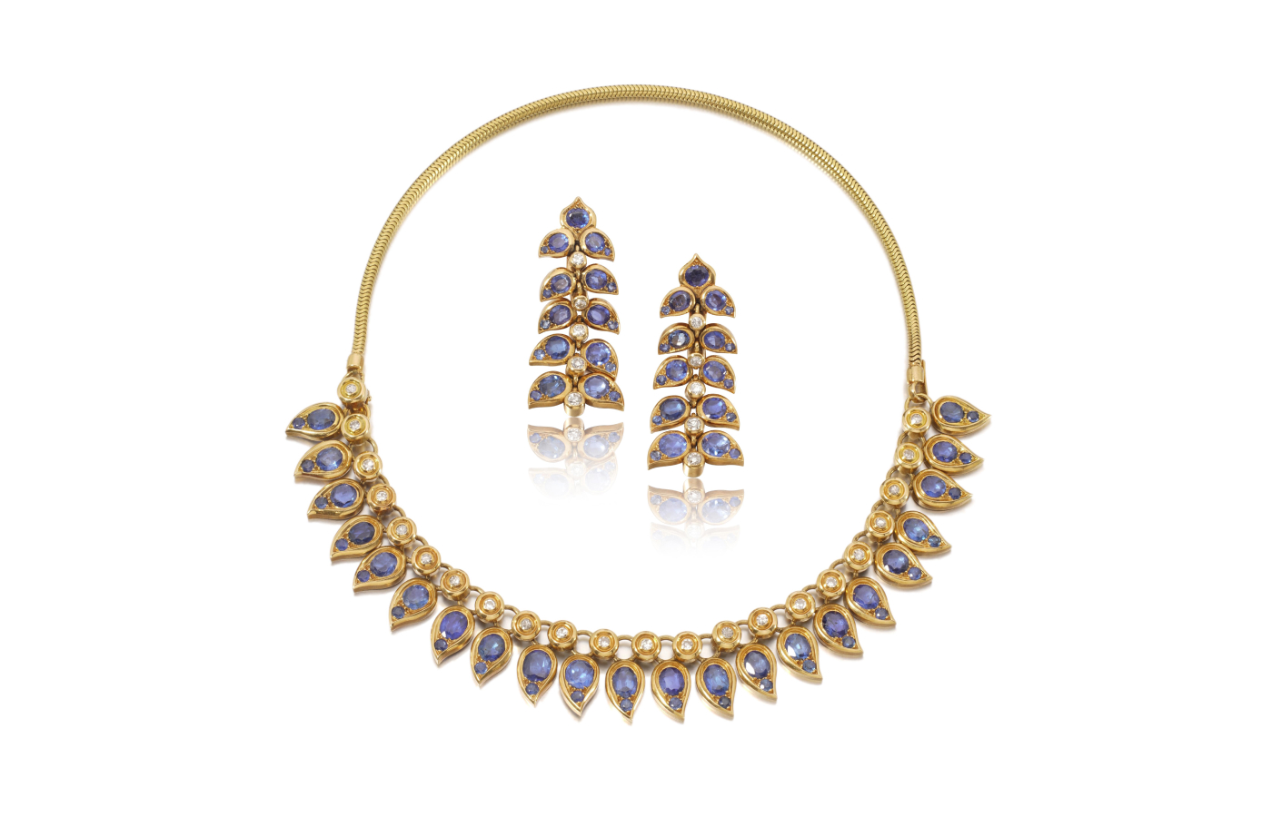 René Boivin 'Feuilles' sapphire and diamond demi-parure, circa 1947 (estimate CHF 50,000-80,000), part of the Sotheby’s ‘Iconic Jewels: Her Sense of Style’ auction in May 2024