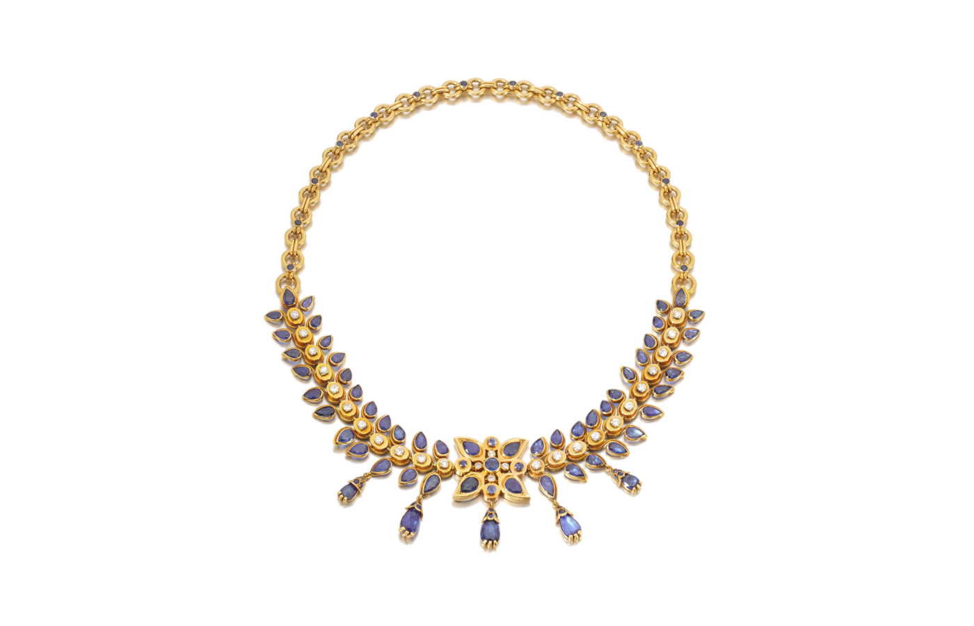  René Boivin sapphire, diamond and gold necklace, circa 1960 (estimate CHF 10,000-15,000), part of the Sotheby’s ‘Iconic Jewels: Her Sense of Style’ auction in May 2024