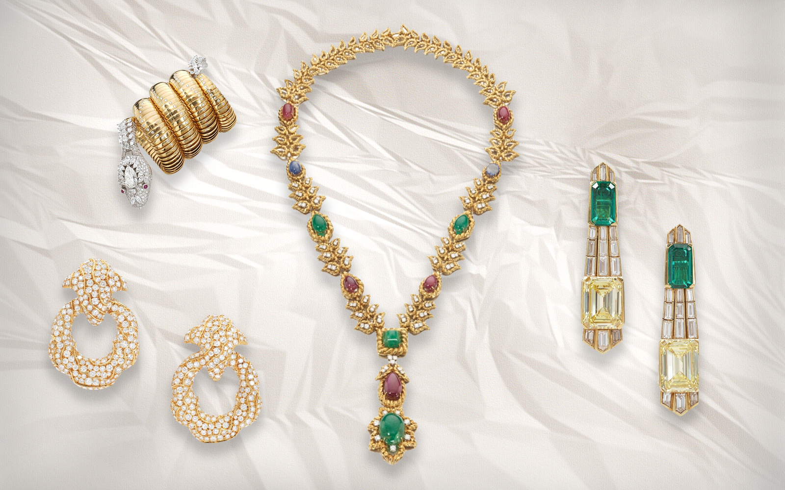 Clockwise from top left: Bulgari 'Serpenti' bracelet-watch, aka 'Theodorus' (estimate CHF 200,000-400,000), David Webb 'Hindu' necklace (estimate CHF 60,000-80,000), Bulgari earrings (estimate CHF 400,000-600,000), and Marina B 'Esclave' diamond and gold ear clips, circa 1980 (estimate CHF 12,000 - 18,000), part of the Sotheby’s ‘Iconic Jewels: Her Sense of Style’ auction in May 2024