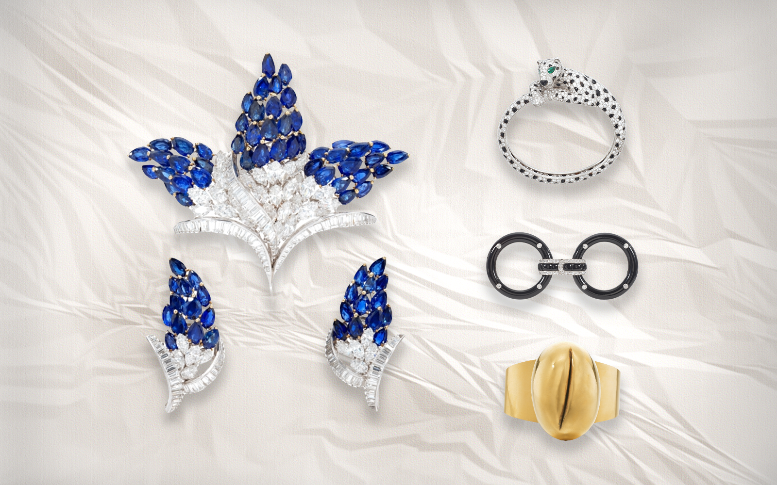 Clockwise from left to right: Bulgari brooch and earrings (estimate CHF 55,000-75,000), Cartier Leopard bangle (estimate CHF 250,000-350,000), Van Cleef & Arpels onyx and diamond belt buckle, circa 1922 (estimate CHF 20,000 - 40,000), and Lucio Fontana 'Spatial Concept With Slit' gold bangle, circa 1967-1968 (estimate 40,000 - 60,000), part of the Sotheby’s ‘Iconic Jewels: Her Sense of Style’ auction in May 2024