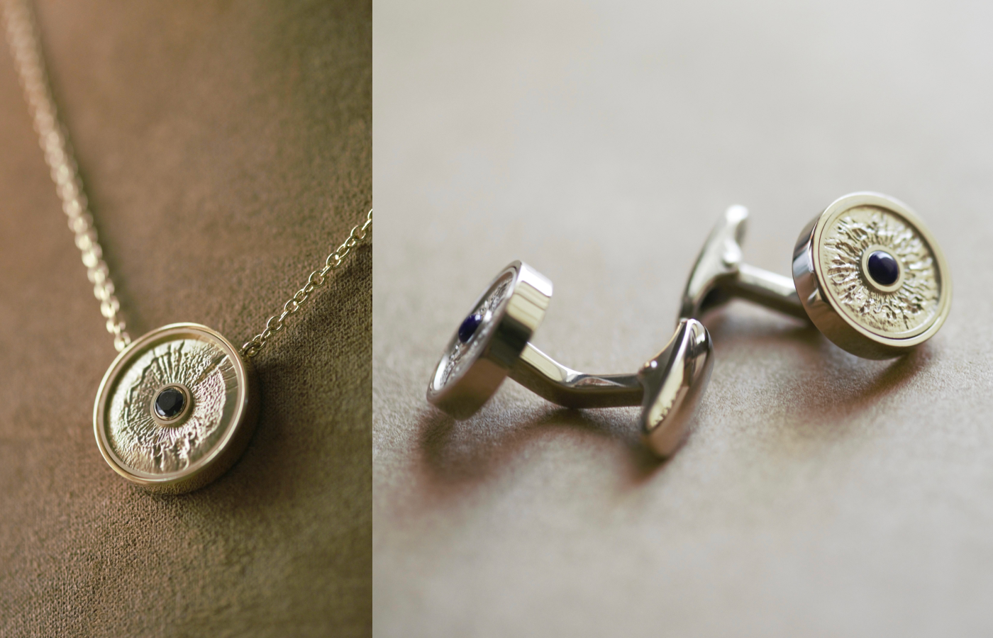  A WITR pendant and cufflinks with unique iris engravings in 18k gold 