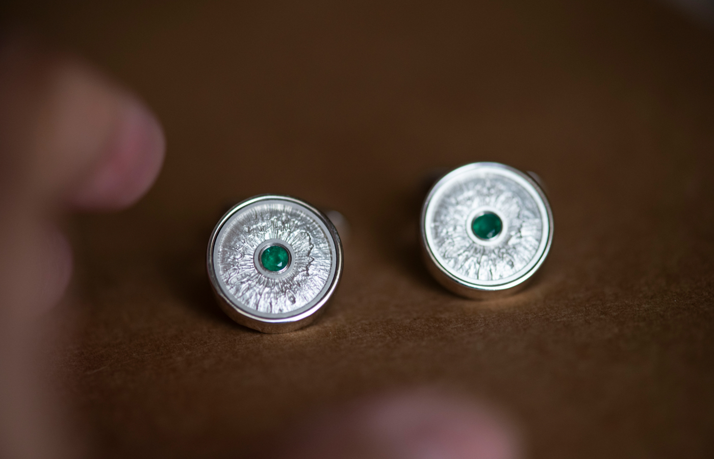  Unique iris print cufflinks set with emeralds, created using patented techniques by WITR 