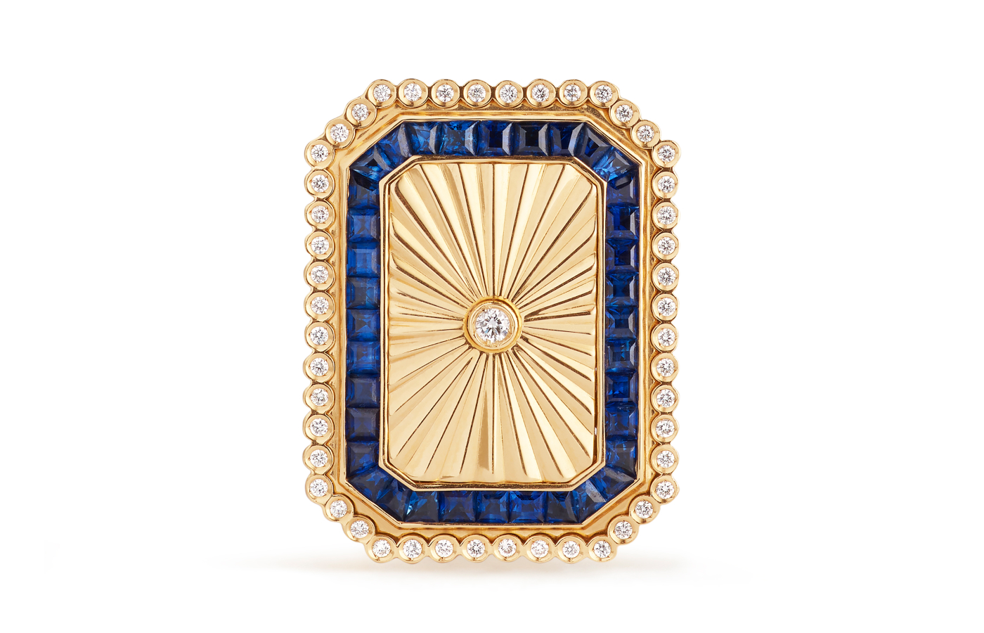  Closed view of the Marie Lichtenberg Dick in a Box ring in gold, sapphire and diamond