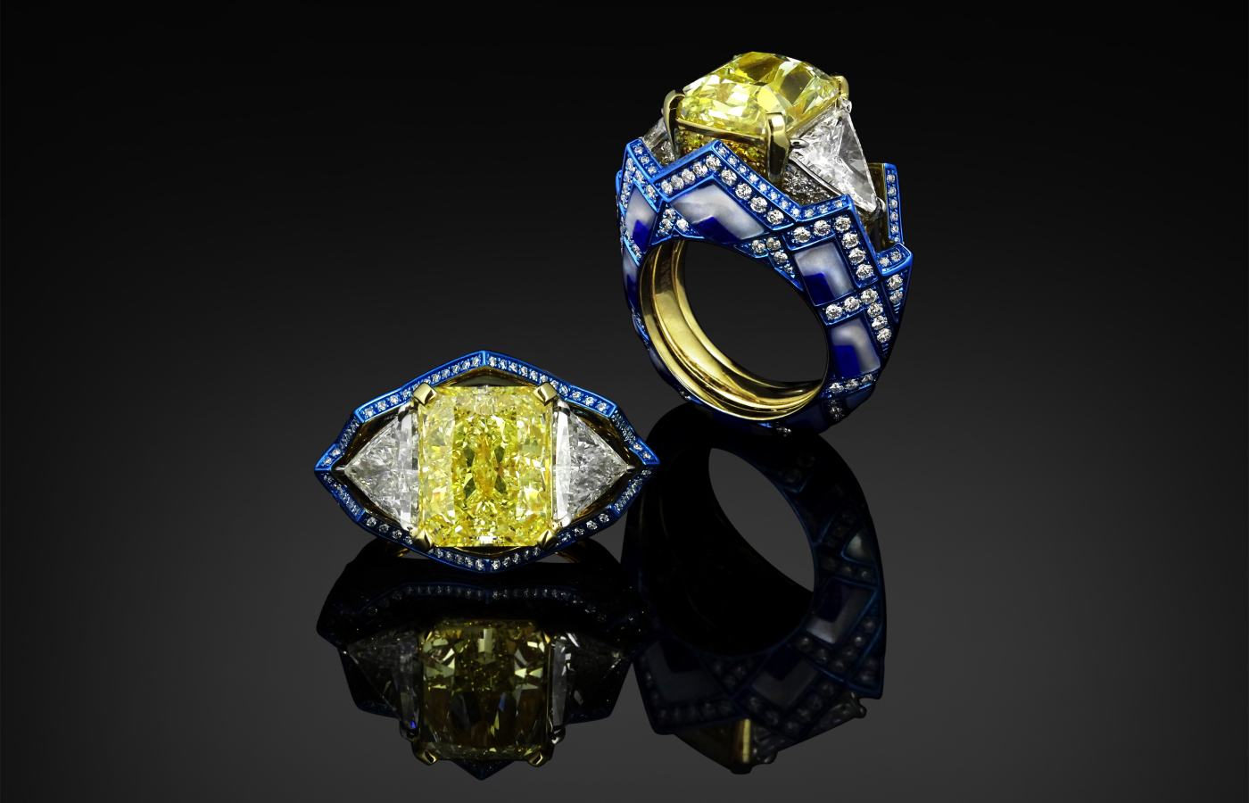  Austy Lee ‘The Lunar Temple’ ring from The Iznik' Silent collection in 18k yellow and white gold with fancy vivid yellow diamonds, mother-of-pearl, lapis lazuli and white diamonds