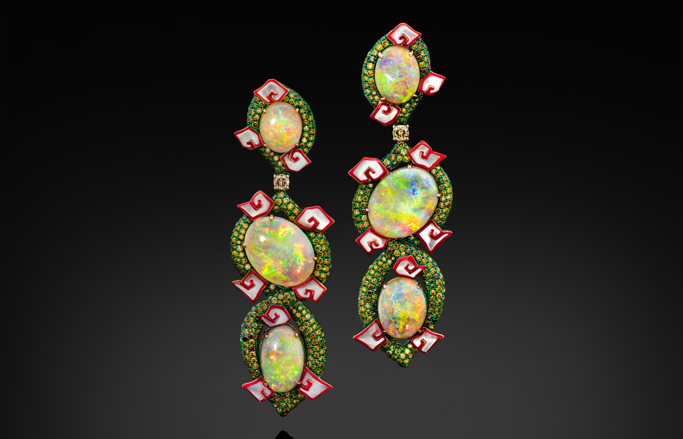  Austy Lee ‘The Somersault-cloud’ earrings from The Rainbow Prism collection in 18k white gold with Australian semi-black opals, mother-of-pearls and fancy yellow diamonds 