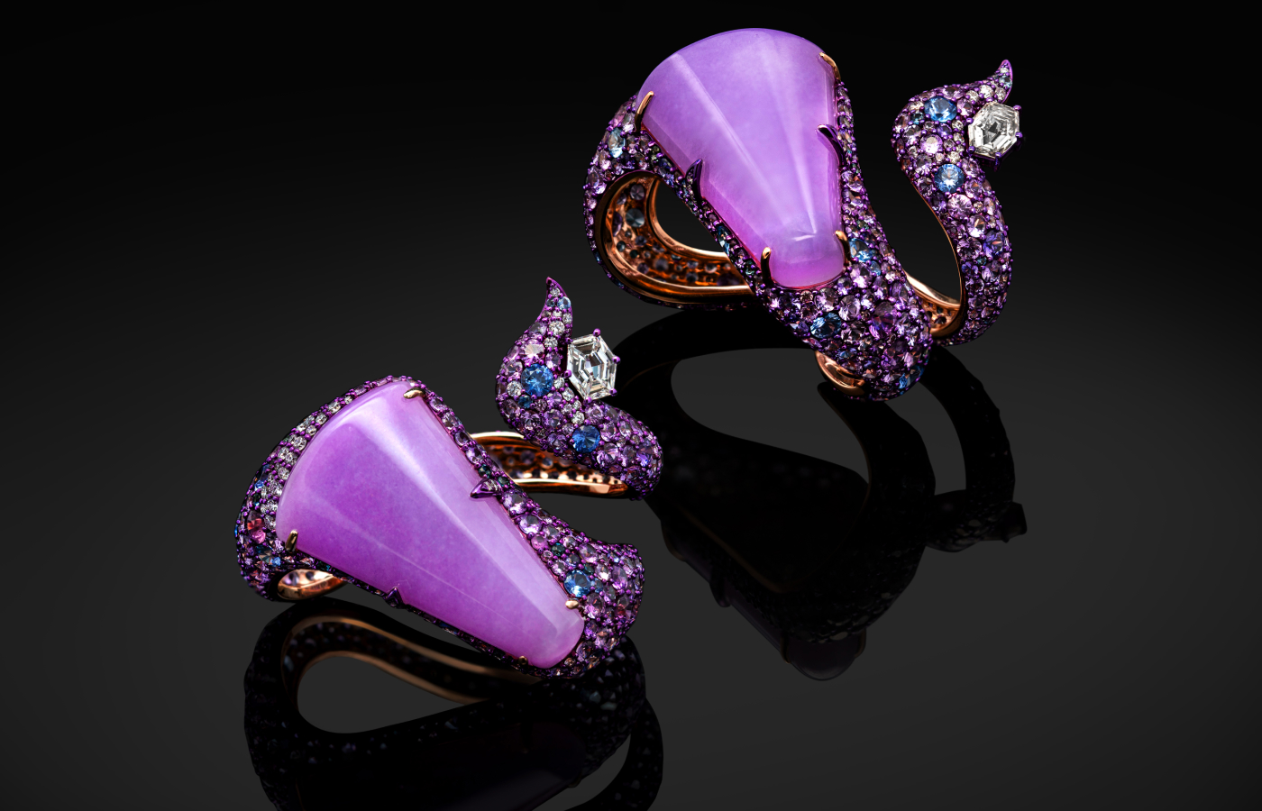  Austy Lee ‘The Purple Tulips Fall’ ring from The Garden of Myth collection in 18k rose gold with Burmese purple jade, blue, pink and purple sapphires and white diamonds