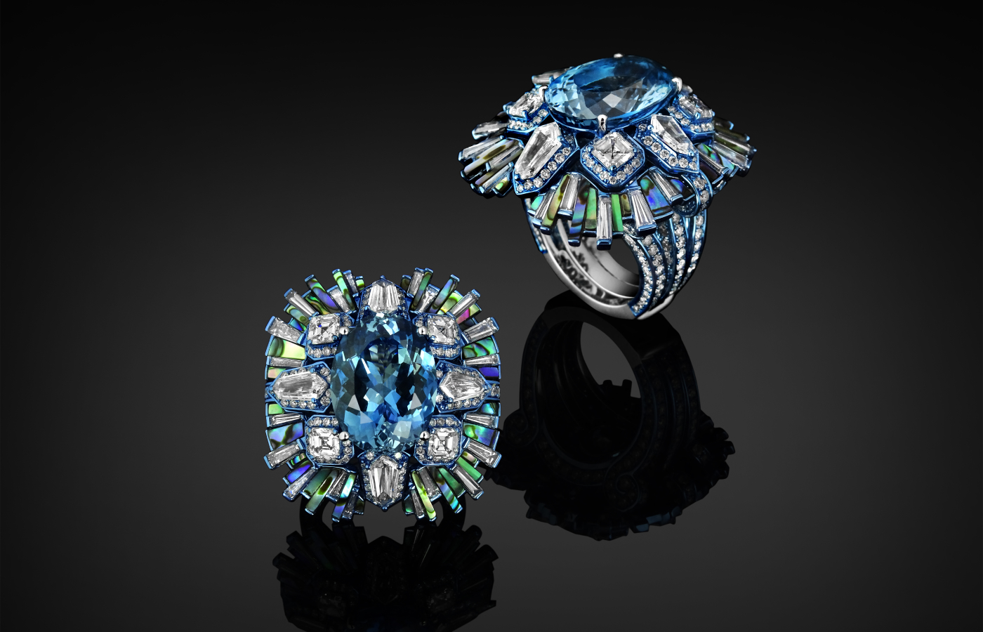  Austy Lee ‘The Deep Blue Flake of Light’ ring from The Exoskeleton of Venus collection in 18k white gold with Sri Lankan Santamaria aquamarine, abalone shell and white diamonds 