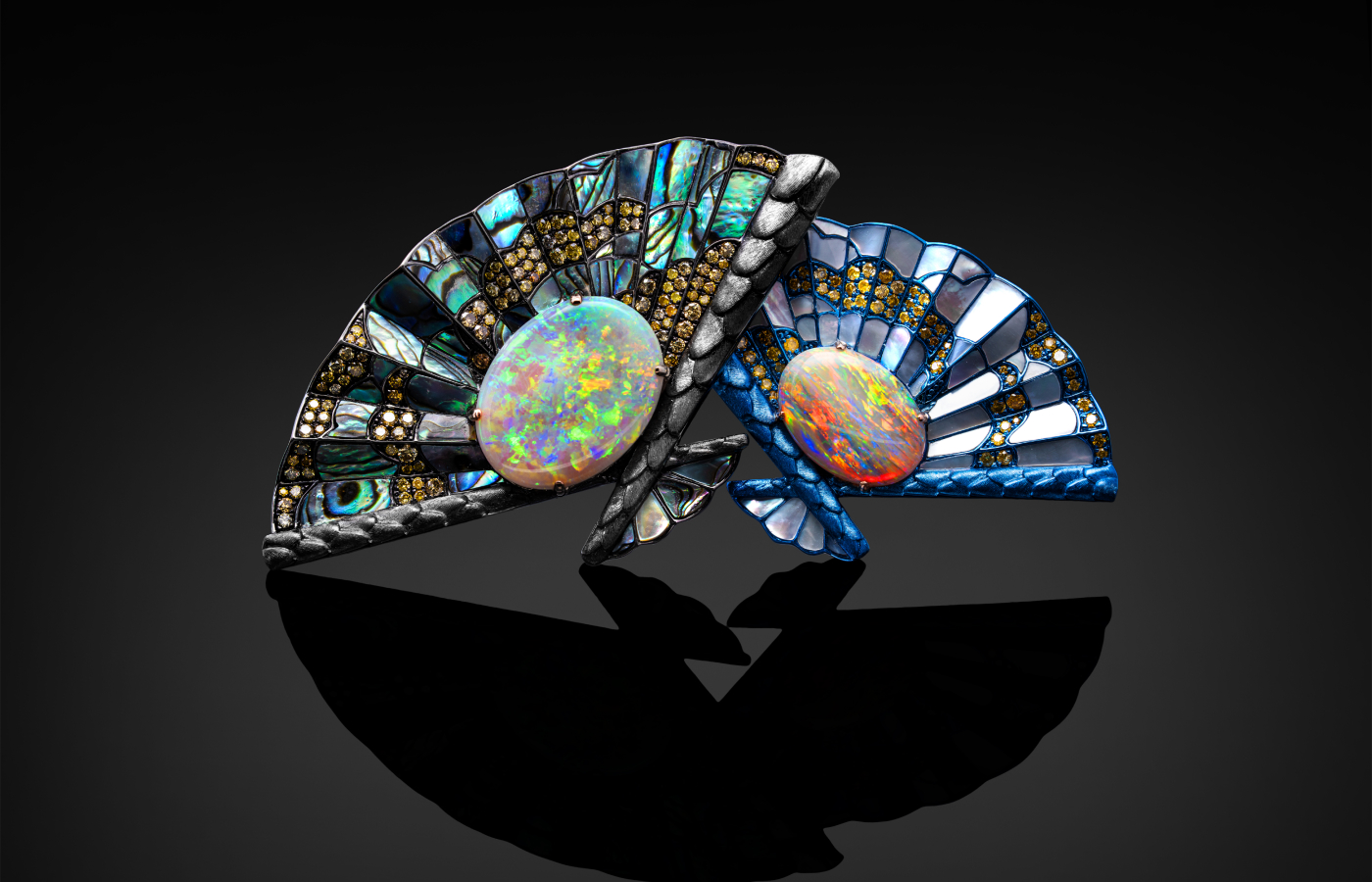 Austy Lee ‘The Hahatoko Akomeogi’ brooch from The Rainbow Prism collection in 18k rose gold with Australian semi-black opals, mother-of-pearl, abalone shell and fancy yellow diamonds