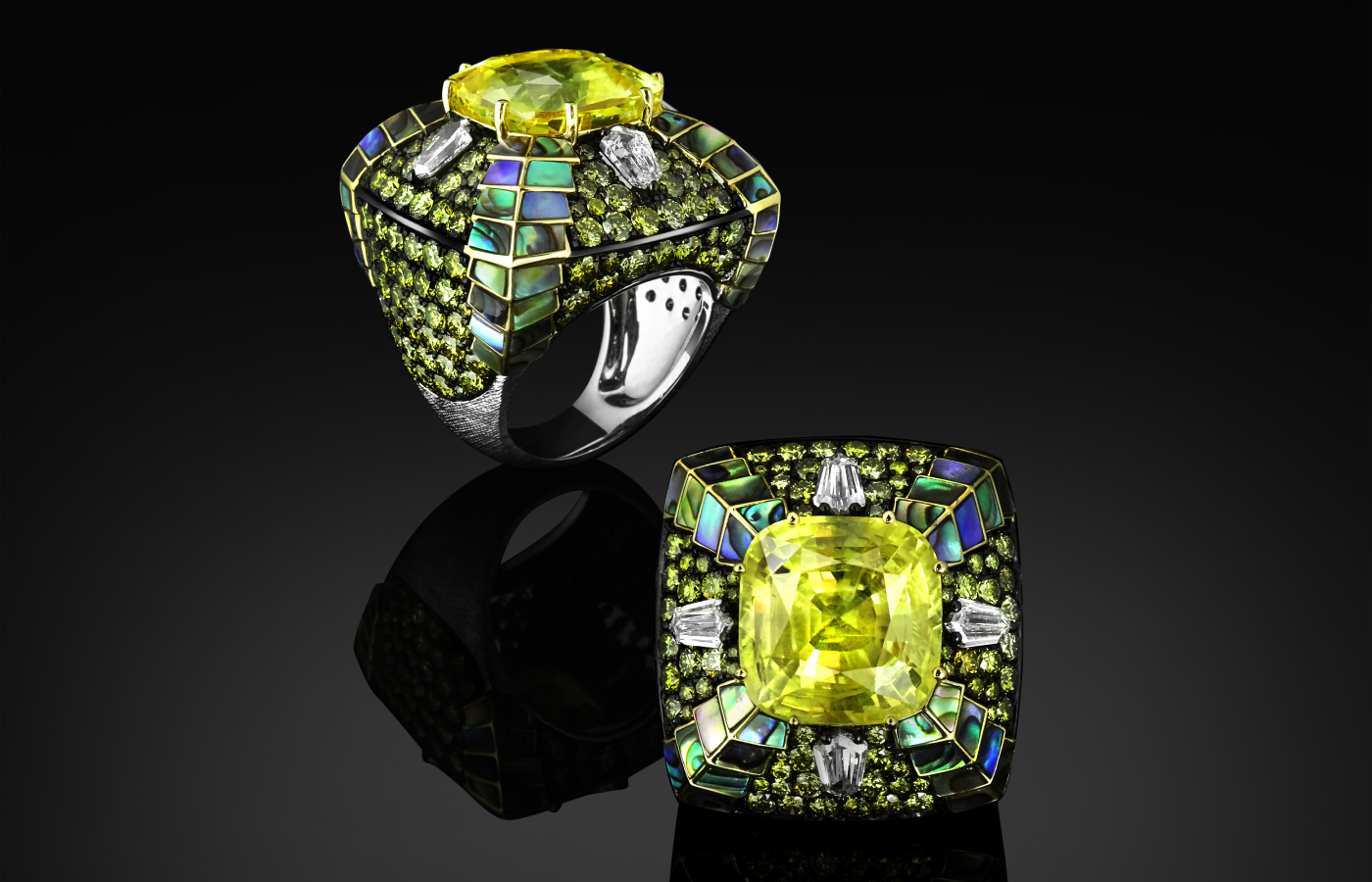  Austy Lee ‘The Dragon's Tomb’ ring from The Exoskeleton of Venus collection in 18k white gold with Sri Lankan unheated yellow sapphire, abalone shell, fancy yellow diamonds and white diamonds