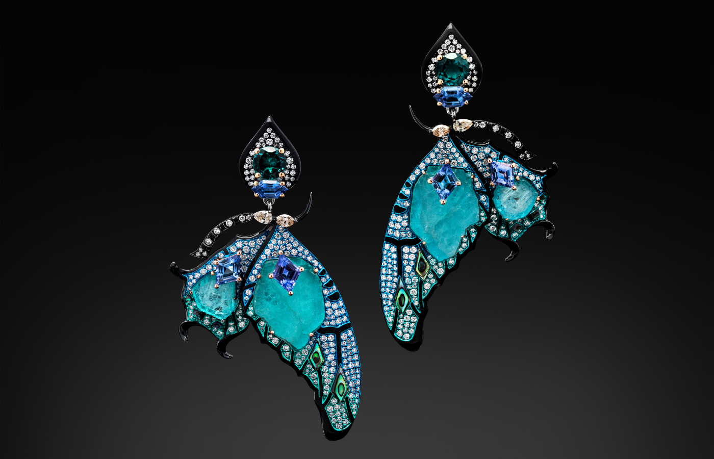  Austy Lee ‘The Para-Ulysses’ earrings from The ĪTZPĀPĀLŌTL collection in 18k white gold with Brazilian unheated neon blue Paraiba tourmaline slices, indicolite tourmalines, Sri Lankan purplish blue sapphires, abalone shell, black enamel and white diamonds