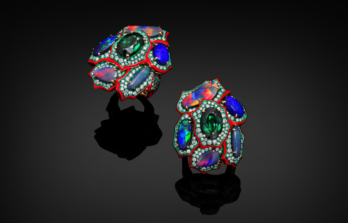  Austy Lee ‘The Opalized Agave’ ring from The Ikhor collection in 18k yellow gold with Australian black opals, indicolite tourmalines, red enamel and white diamonds