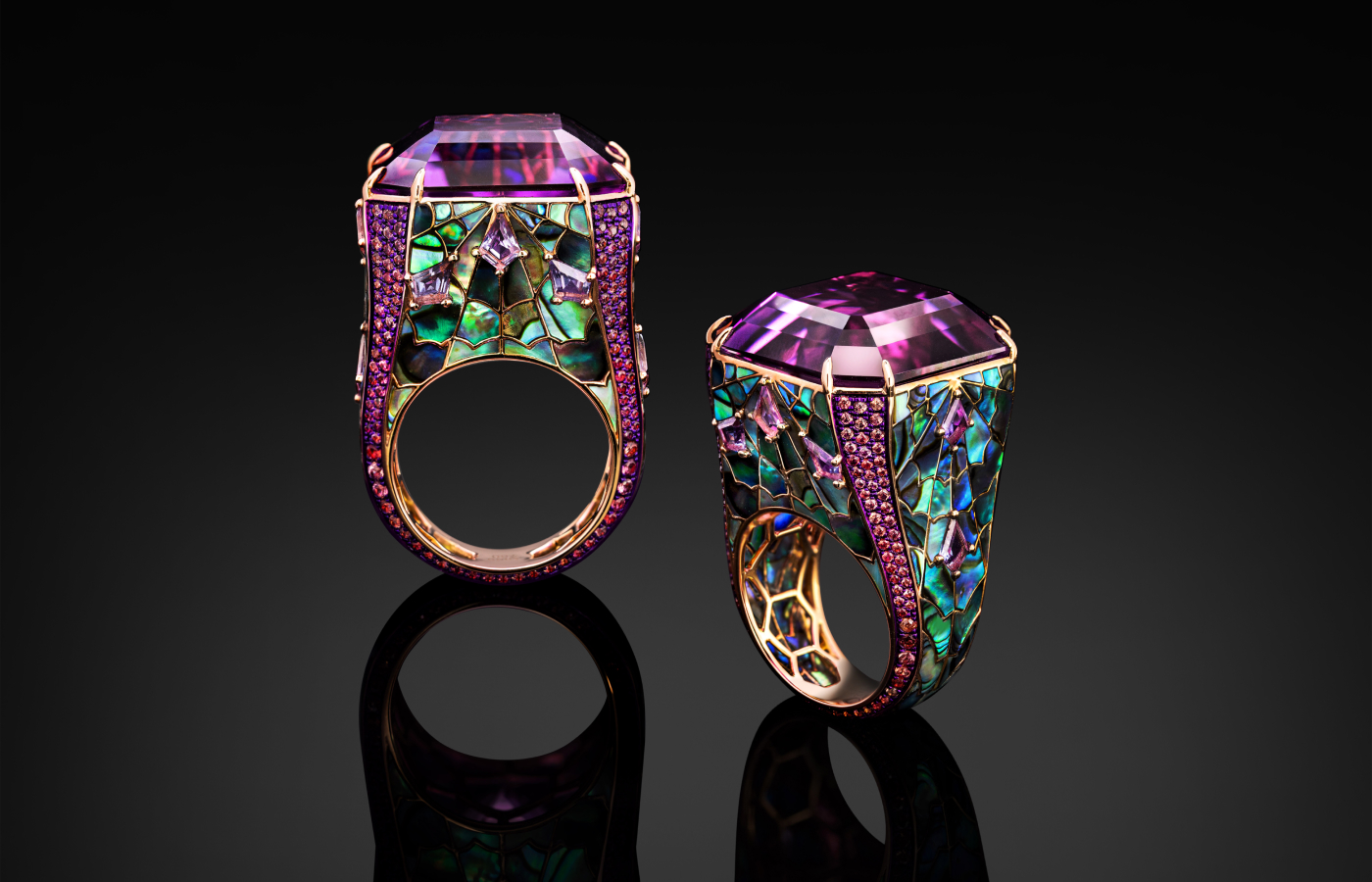  Austy Lee ‘The Spider Web Tower’ ring from The Exoskeleton of Venus collection in 18k rose gold with kunzite, abalone shell, Sri Lankan purple sapphires and pink sapphires