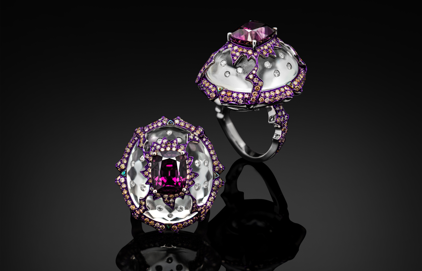  Austy Lee ‘The Reflection of Élivágar’ ring from The Psychedelic Light collection in 18k white gold with Burmese purple spinel, white topaz, onyx and fancy colour diamonds