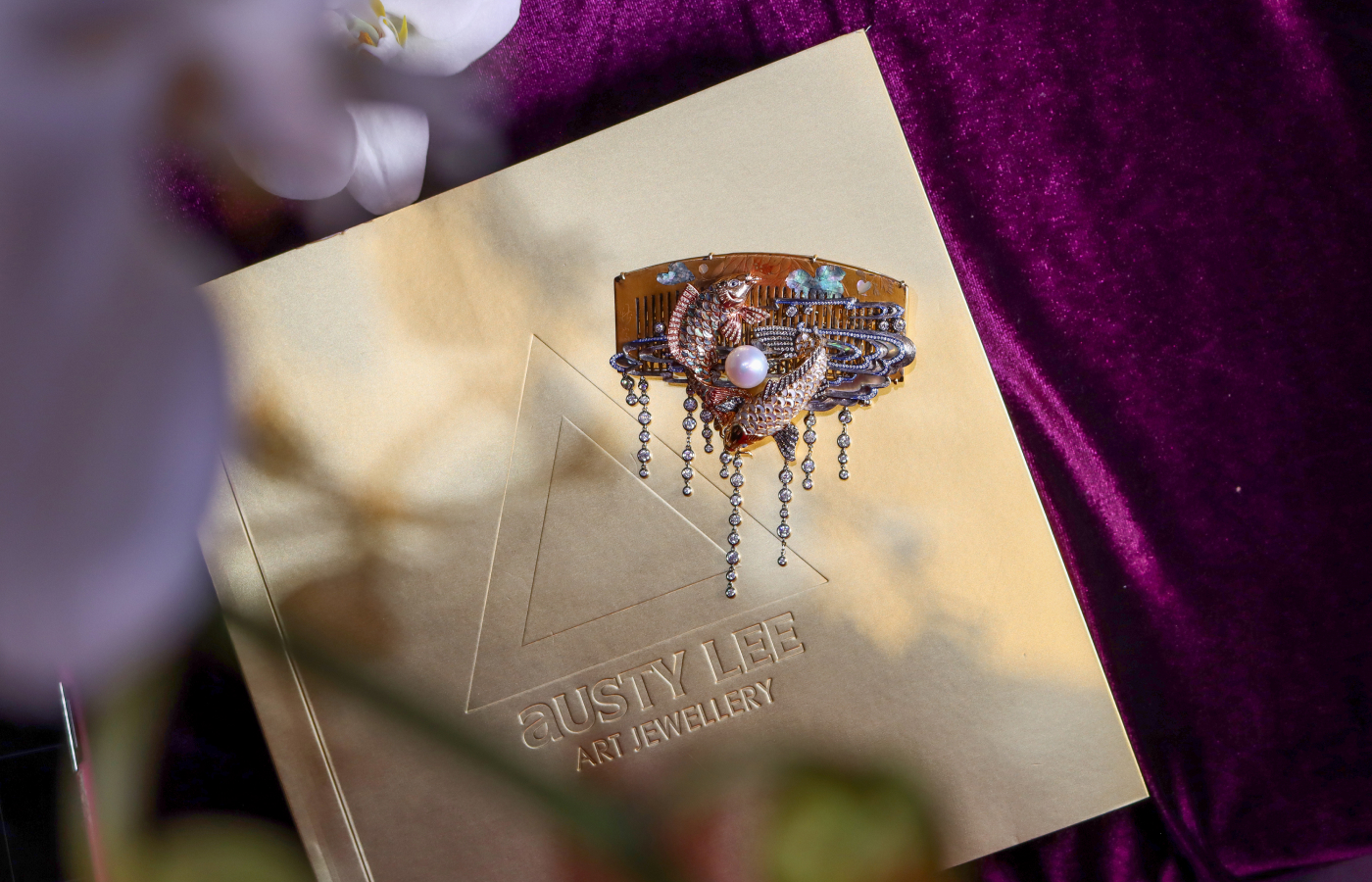 Austy Lee ‘The Solar & Lunar’ brooch from The Ancient Fetus collection in 18k yellow and rose gold with antique Japanese lacquerware, South Sea pearl, mother-of-pearl, abalone shell and white diamonds