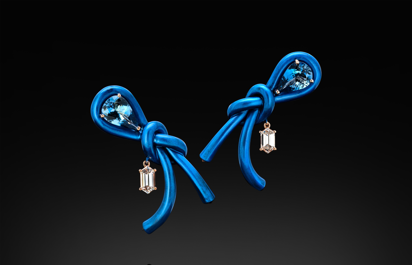  Austy Lee ‘The Blue Lariat-loop Knot’ earrings from The Lock-Knot collection in 18k white gold with Santa Maria deep blue aquamarine and white diamonds