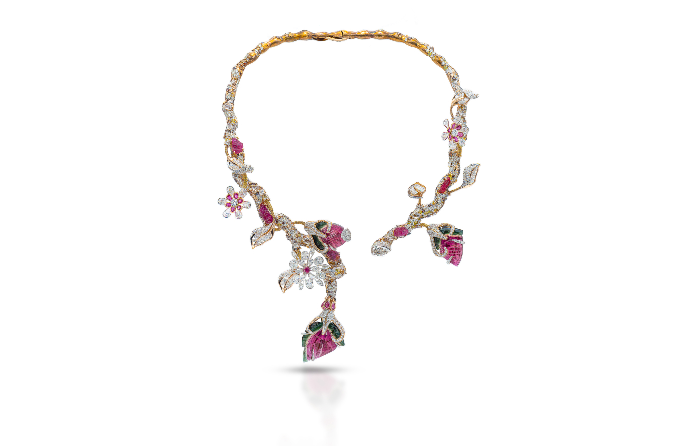 Diva Jewels Springtime Splendor necklace from the Marvels of Nature collection with rose-cut diamonds, further diamonds, and carved watermelon tourmalines in 18k rose gold 