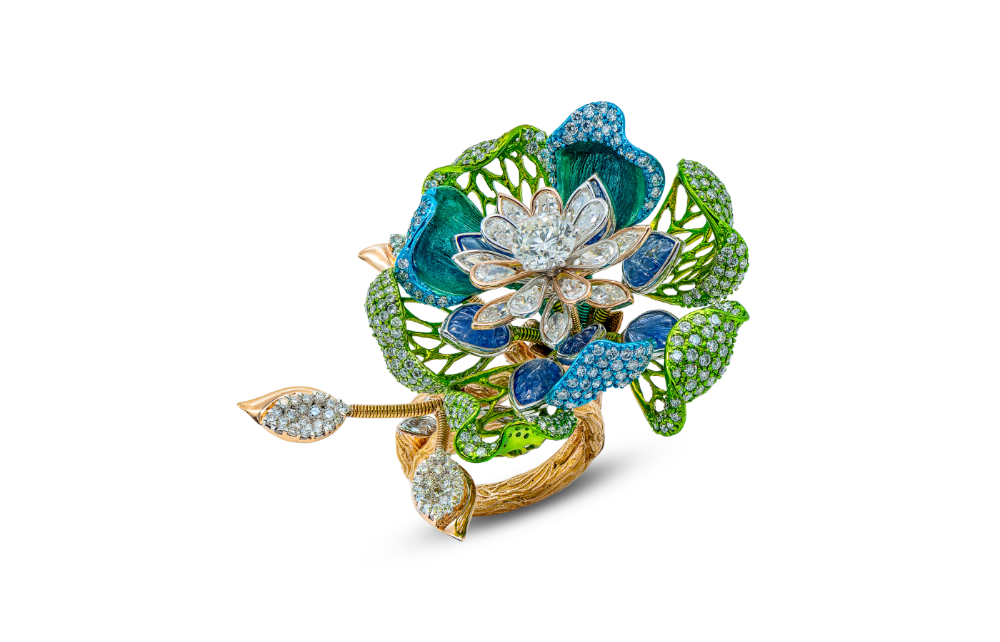   Diva Jewels Azure Blossom Spring ring from the Marvels of Nature collection with rose-cut diamonds, further diamonds, and coloured rhodium polish on 18k yellow gold 