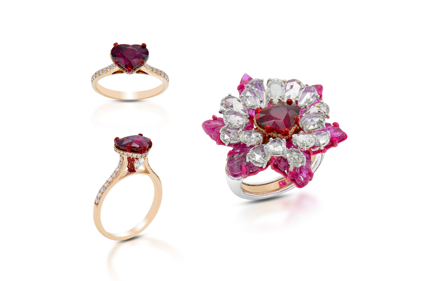  Diva Jewels ‘Heart of Ruby’ Bloom ring from the Marvels of Nature collection with detachable ring jacket, set with rose-cut diamonds, further diamonds, a heart-shaped ruby centre stone and carved rubies in 18k yellow gold 
