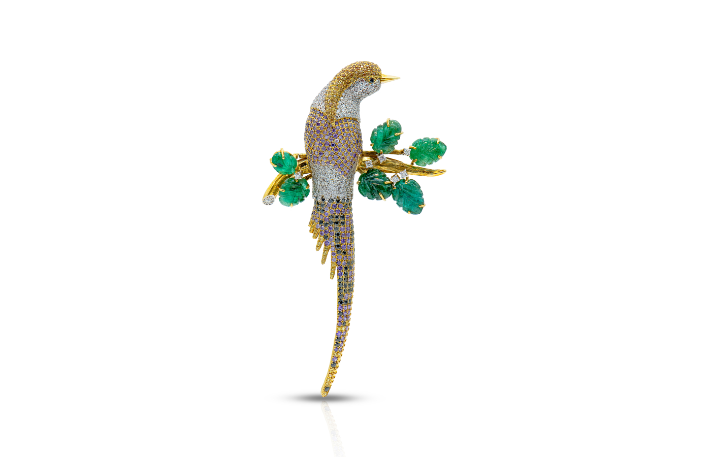  Diva Jewels Winged brooch from the Marvels of Nature collection with diamonds, yellow and purple semi-precious gemstones, and carved emeralds in 18k yellow gold 