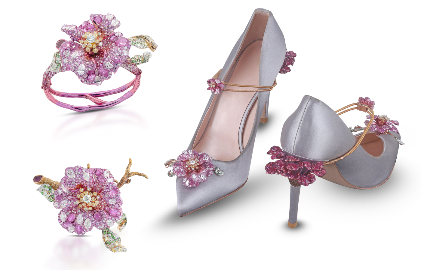 Diva Jewels Steps of Brilliance ‘Ruby Blossom’ heel jewels, which can also be worn as a bracelet and a brooch, set with diamonds, rubies and yellow briolettes in 18k yellow gold 