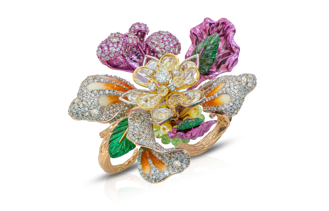 Diva Jewels Magical Blossom ring from the Marvels of Nature collection with yellow and white rose-cut diamonds, further diamonds, carved emeralds, rhodium plating and enamel on 18k yellow gold 