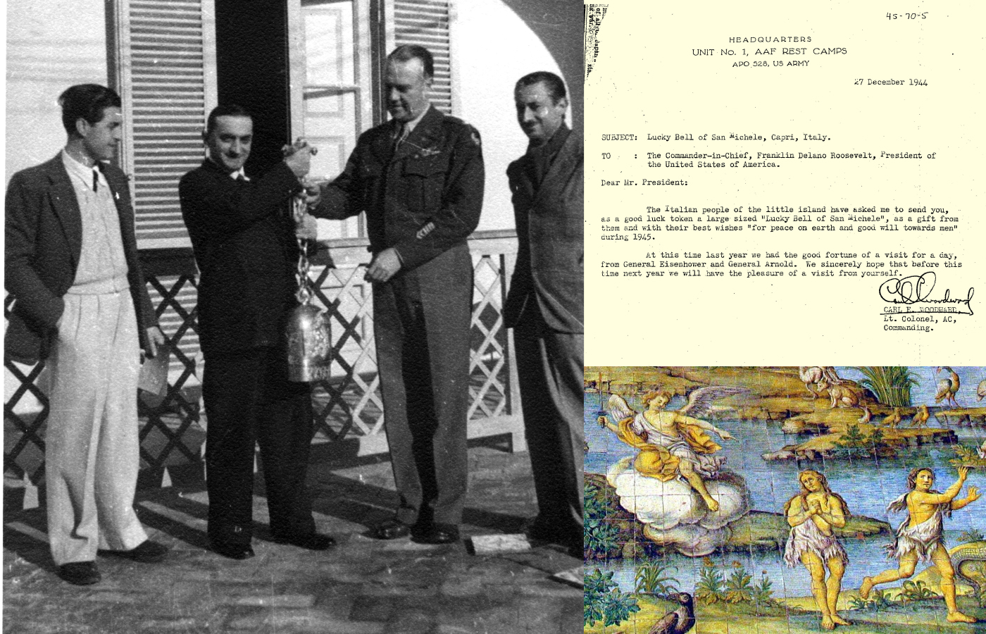  Reproduction of the Bronze Bell donated to President Franklin Delano Roosevelt on December 27, 1944 alongside a letter addressed to the President