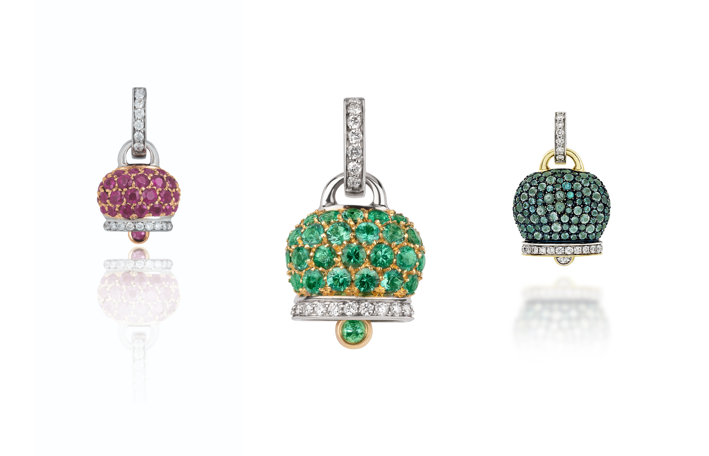  Chantecler Campanella charms in gold, white gold, ruby, emerald, Paraiba tourmaline and diamond