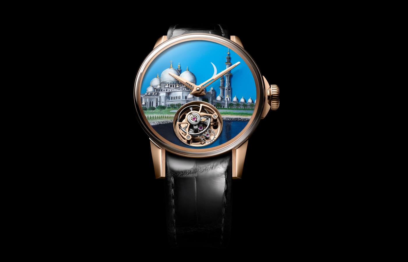 Louis Moinet Around the World Abu Dhabi watch dial featuring the Sheikh Zayed Mosque hand-painted on a rock crystal base 