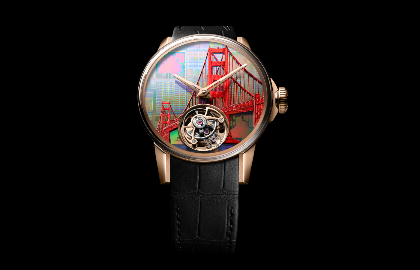 Louis Moinet Around the World San Fransisco watch dial displaying the Golden Gate Bridge, carefully sculpted and hand-painted, against a silicon wafer etched backdrop with microelectronic circuits