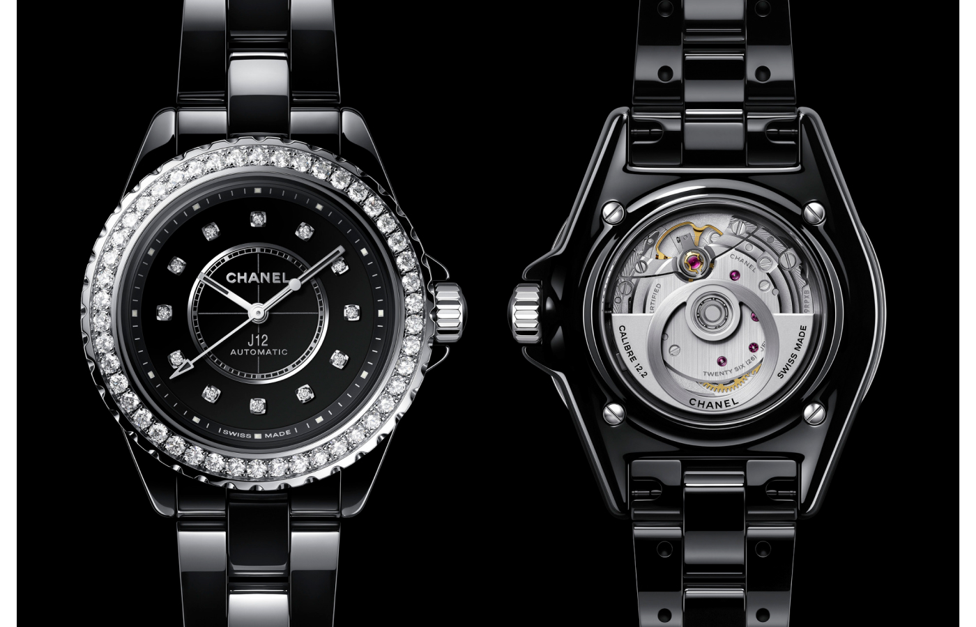 Chanel J12 Caliber 12.2 watch in black lacquer set with 46 brilliant-cut diamonds 12 brilliant-cut diamond indicators