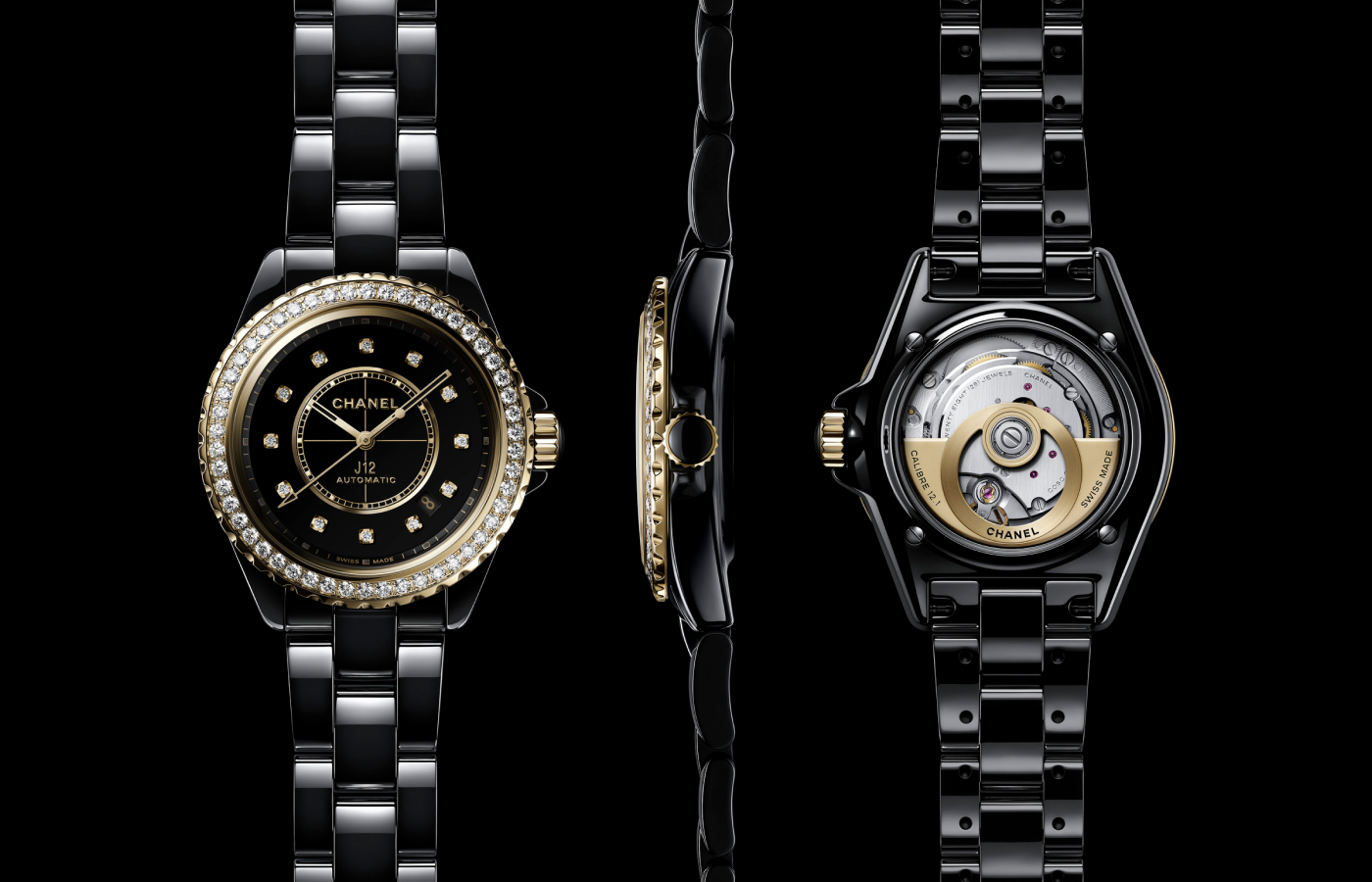  Chanel J12 Caliber 12.1 watch in gold, black lacquer set with 50 brilliant-cut diamonds and 12 brilliant-cut diamond indicators