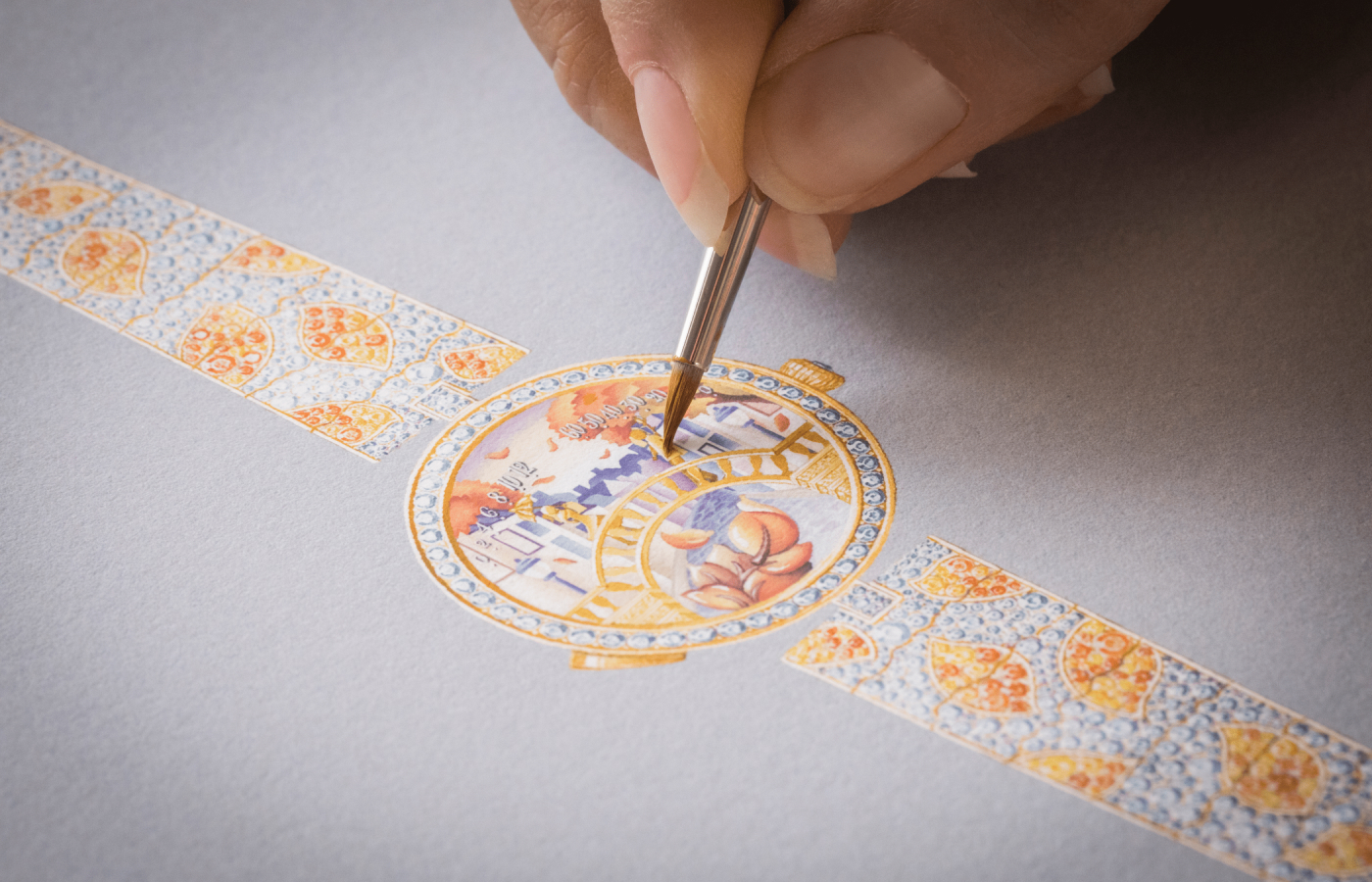 Designing the Van Cleef & Arpels Lady Arpels Pont des Amoureux Été watch in 18k white gold and set with diamonds, sapphires, and spessartite garnets