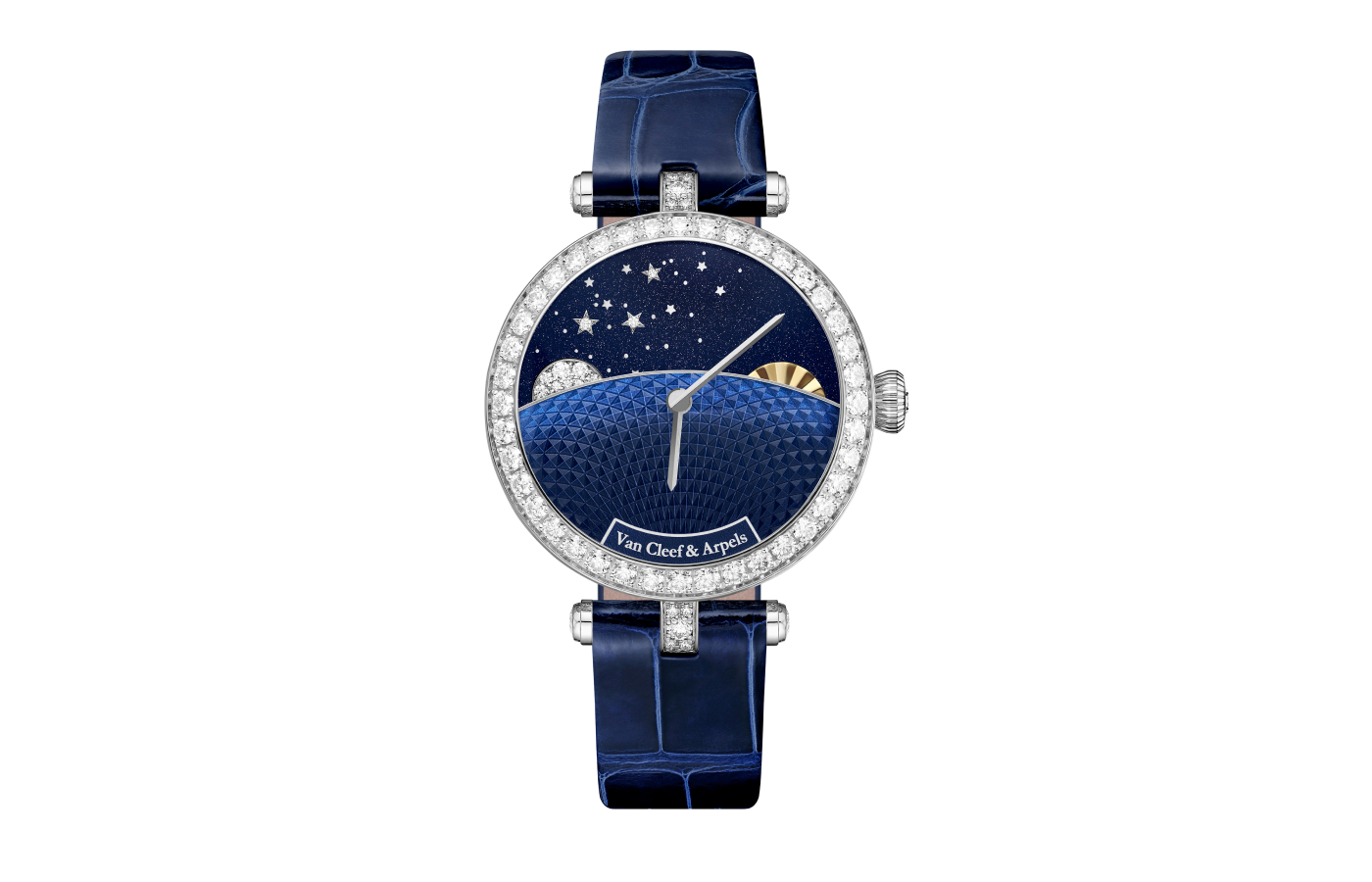 The Van Cleef & Arpels Lady Arpels Lady Jour Nuit watch with a 33mm white gold case, set with diamonds, aventurine glass, mother-of-pearl, white and yellow gold and diamonds, with an alligator leather strap, to be showcased at the Poetry of Time exhibition in London