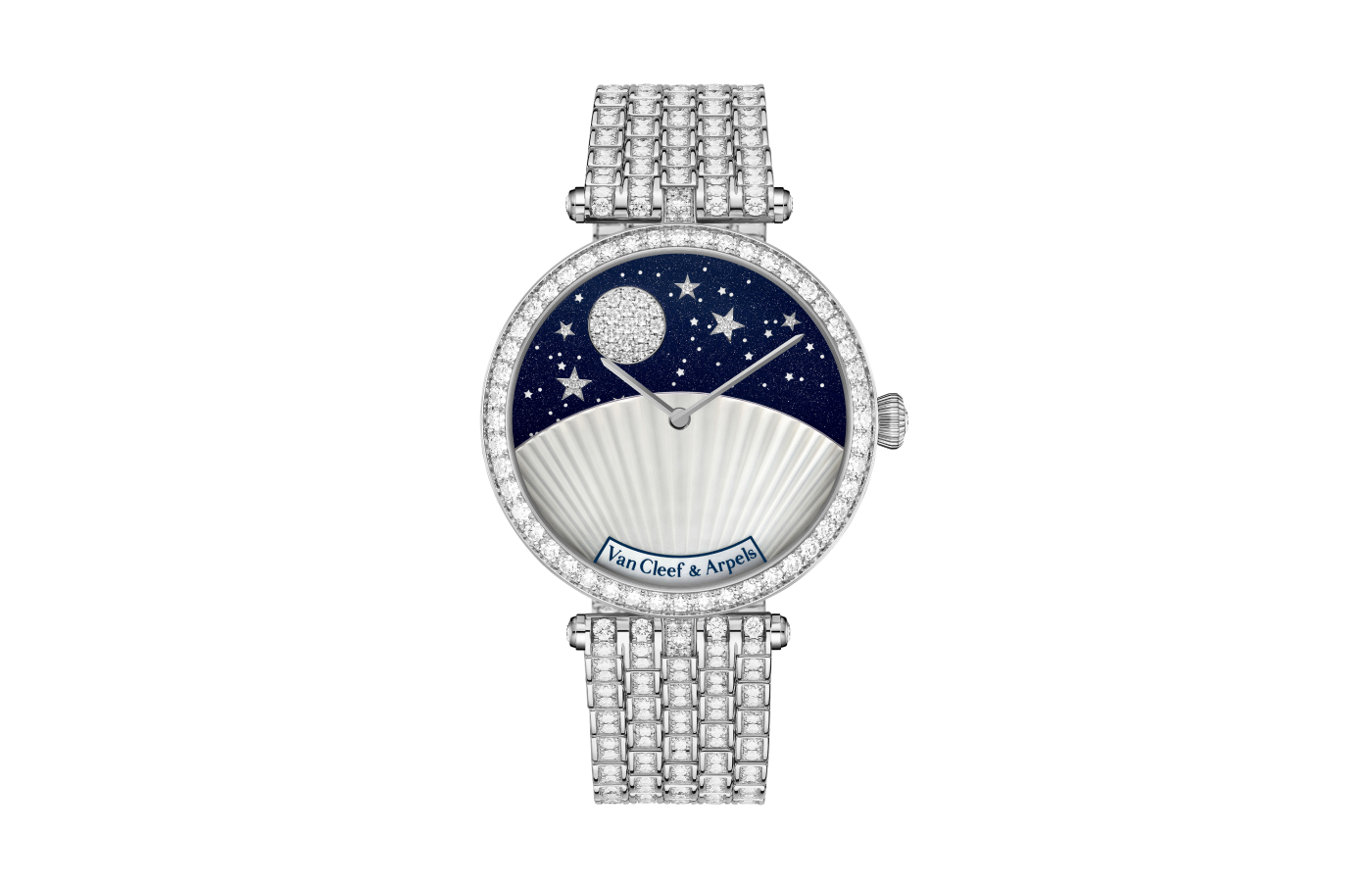  The Van Cleef & Arpels Lady Arpels Jour Nuit watch with a 38mm case in white gold, set with diamonds, aventurine glass, mother-of-pearl, white and yellow gold, diamonds, and sapphires, with a diamond covered bracelet strap, to be showcased at the Poetry of Time exhibition in London