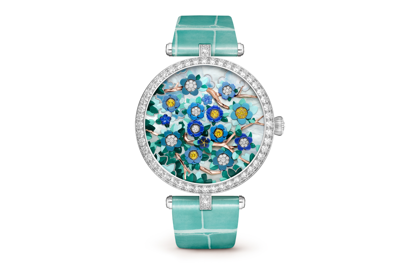  The Van Cleef & Arpels Lady Arpels Heures Florales watch with a 38mm diamond-set case in white gold, decorated with white, yellow and rose gold, yellow and white diamonds, mother of pearl, and miniature painting, to be showcased at the Poetry of Time exhibition in London
