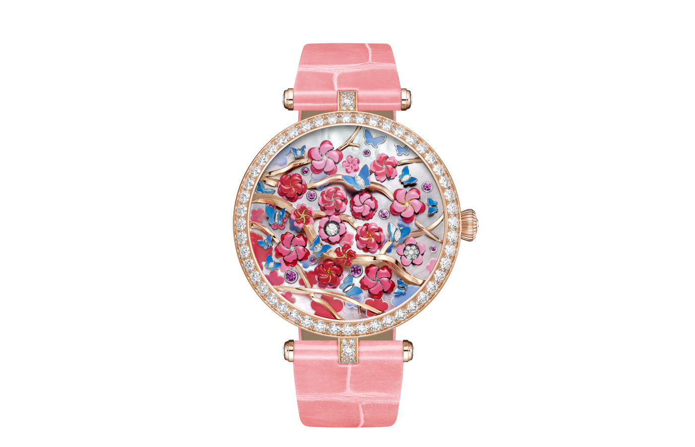  The Van Cleef & Arpels Lady Arpels Heures Florales Cerisier watch with a 38mm case in rose gold, set with diamonds, rose, white and yellow gold, pink sapphires, yellow and white diamonds, mother-of-pearl, and decorated with miniature painting, to be showcased at the Poetry of Time exhibition in London