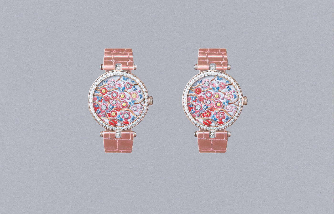The Van Cleef & Arpels Lady Arpels Heures Florales Cerisier watch with a 38mm case in rose gold is fitted with a mechanical module that opens and closes the flowers with each passing hour (visible from left to right)