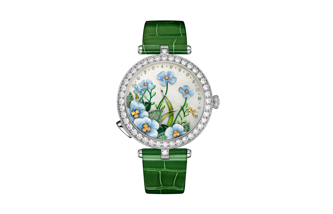  The Van Cleef & Arpels Lady Arpels Brise d’Été watch with a 38mm diamond-set case in white gold, featuring mother-of-pearl, tsavorite and spessartite garnets, miniature painting, and plique-à-jour, champlevé and vallonné enamel, to be showcased at the Poetry of Time exhibition in London